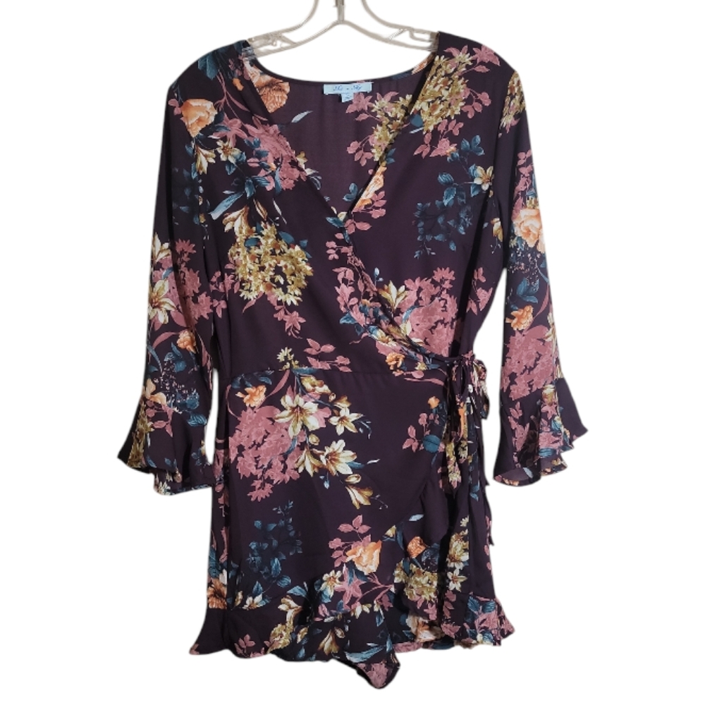She + Sky romper women's S black floral faux wrap ruffle tie waist boho dressy